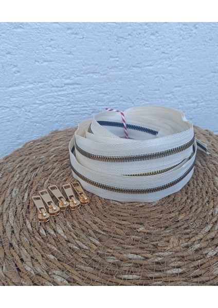 Krem T6 Altın Diş Kemik Fermuar Altın Başlık - 5 Metre Fermuar - 5 Adet Başlık