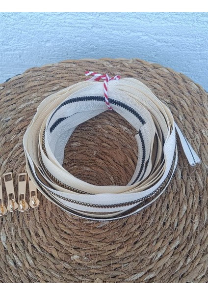 Krem T6 Altın Diş Kemik Fermuar Altın Başlık - 5 Metre Fermuar - 5 Adet Başlık