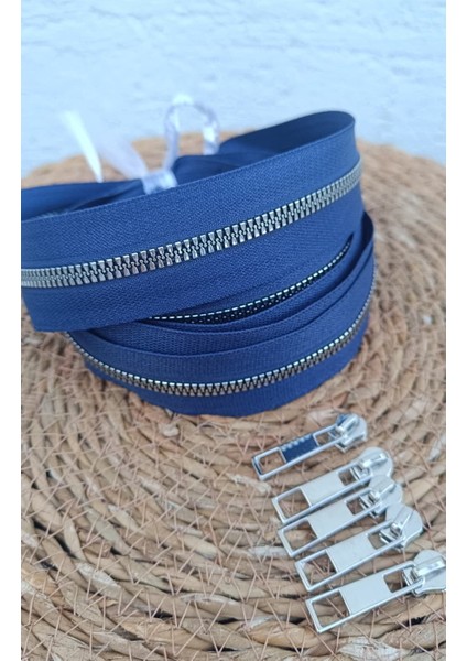 Lacivert T6 Gümüş Diş Kemik Fermuar Gümüş Başlık - 5 Metre Fermuar - 5 Adet Başlık fiyatları