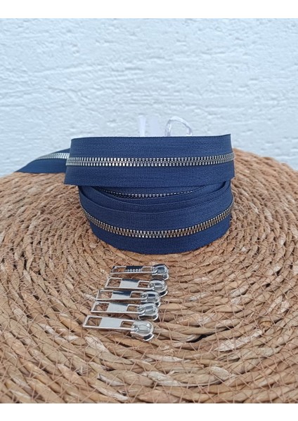 Lacivert T6 Gümüş Diş Kemik Fermuar Gümüş Başlık - 5 Metre Fermuar - 5 Adet Başlık