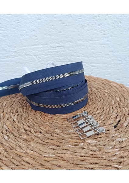 Lacivert T6 Gümüş Diş Kemik Fermuar Gümüş Başlık - 5 Metre Fermuar - 5 Adet Başlık fırsatları