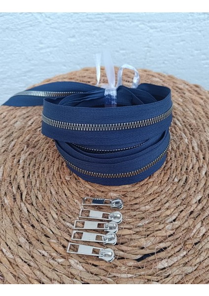 Lacivert T6 Gümüş Diş Kemik Fermuar Gümüş Başlık - 5 Metre Fermuar - 5 Adet Başlık indirimleri
