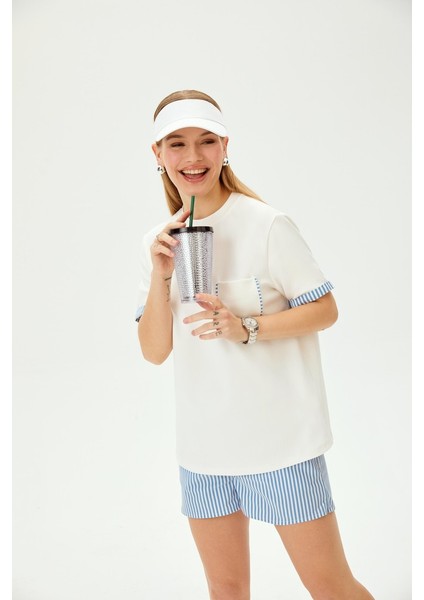 Bisiklet Yaka Cep Detaylı Çizgili Örme Tişört