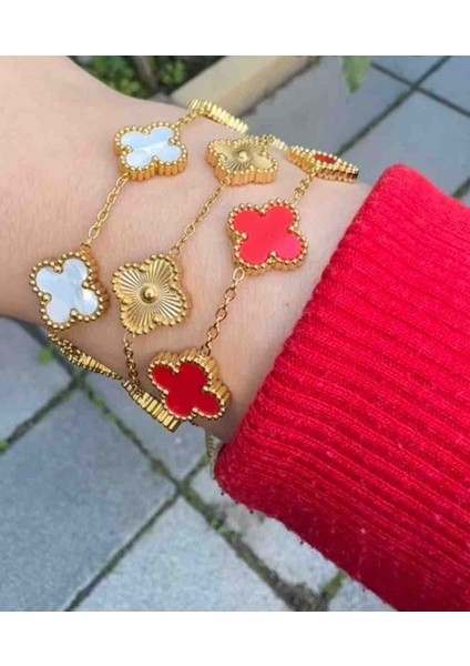 Gold Beyaz Sarı Kırmızı Renkli 3lü Çelik Yonca Bileklik Seti