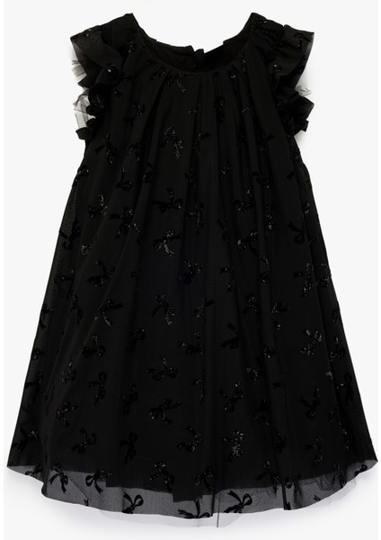 Fırfırlı Fiyonk Detaylı Bisiklet Yaka Tüllü Elbise