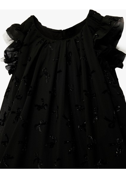 Fırfırlı Fiyonk Detaylı Bisiklet Yaka Tüllü Elbise modelleri