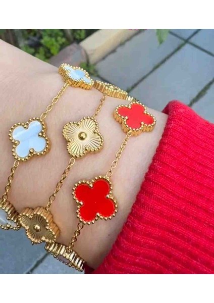 Gold Beyaz Sarı Kırmızı Renkli 3lü Çelik Yonca Bileklik Seti fiyatları
