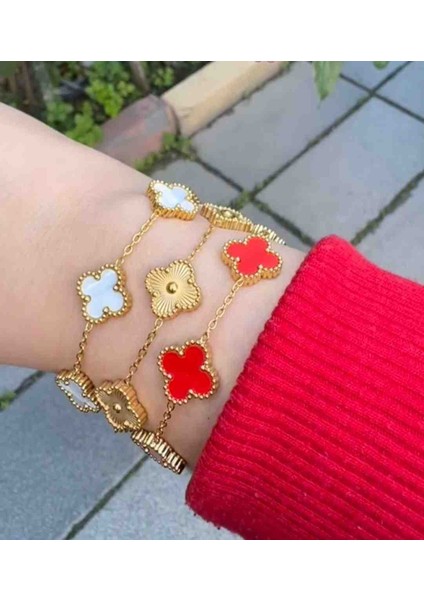 Gold Beyaz Sarı Kırmızı Renkli 3lü Çelik Yonca Bileklik Seti fırsatları