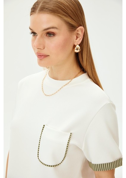 Bisiklet Yaka Cep Detaylı Çizgili Örme Tişört