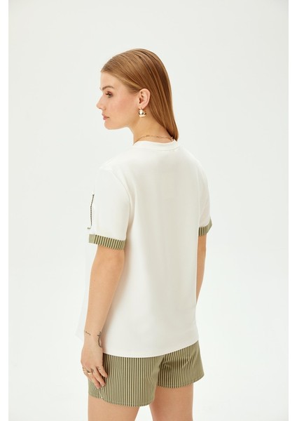 Bisiklet Yaka Cep Detaylı Çizgili Örme Tişört fiyatları