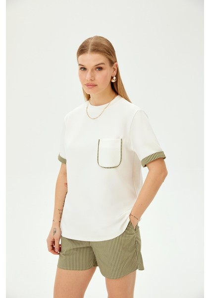 Bisiklet Yaka Cep Detaylı Çizgili Örme Tişört modelleri