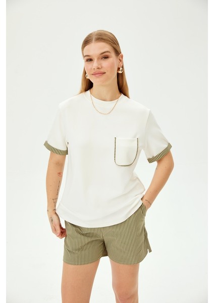 Bisiklet Yaka Cep Detaylı Çizgili Örme Tişört indirimleri