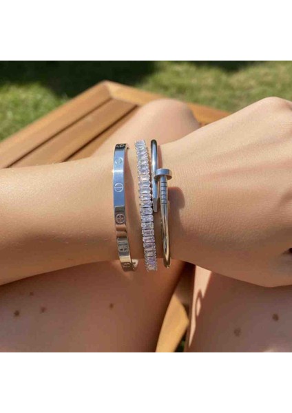 Silver Suyolu Çivi Crt Model 3lü Çelik Bileklik Seti