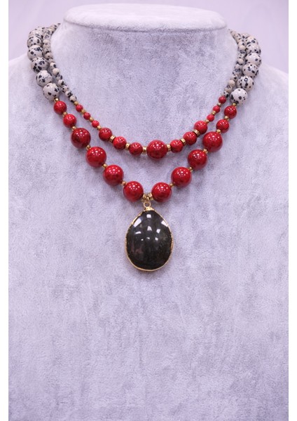 Doğal Taş 2'li Kolye Kırmızı Kuvars Bıldırcın Jasper Kolye