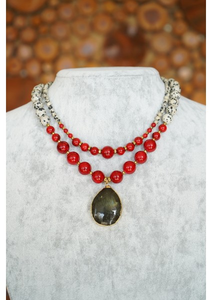 Doğal Taş 2'li Kolye Kırmızı Kuvars Bıldırcın Jasper Kolye fiyatları