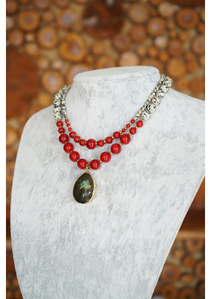 Doğal Taş 2'li Kolye Kırmızı Kuvars Bıldırcın Jasper Kolye modelleri