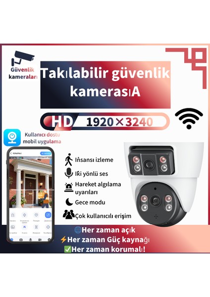 IP66 Su Toz Dayanıklı 6mp 360° Wifi Ptz Kamera - Çift Lens, Hareket Takibi, Gece Görüş, Sesli Bildirim