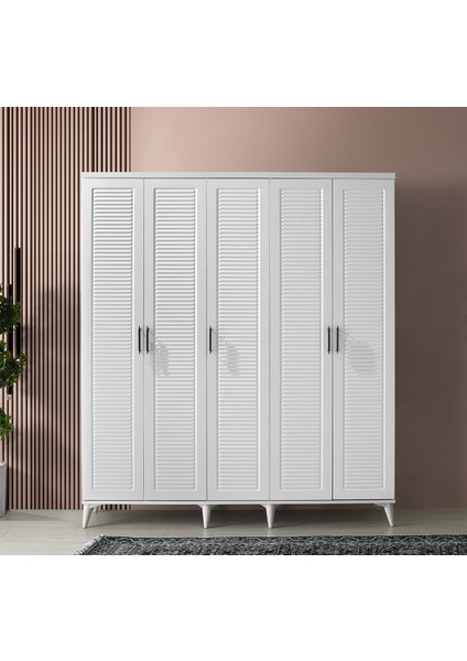 Ücretsiz Montaj - %100 MDF Paris 5 Kapaklı Beyaz Gardırop - MDF Dolap - Elbise Dolabı fiyatları