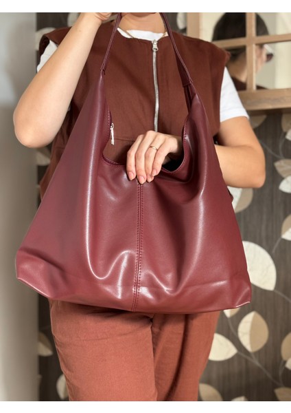 Bordo Düz Tek Askılı Geniş Omuz Çantası