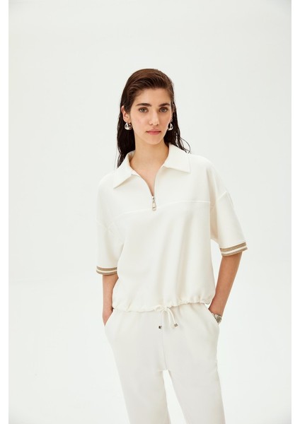 Düşük Kol Bağcık Detaylı Fermuarlı Örme Tişört