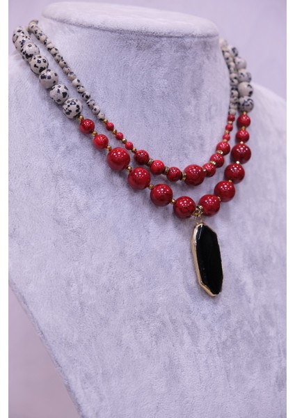 Kırmızı Kuvars 2 'li Jasper Doğal Taş Kolye