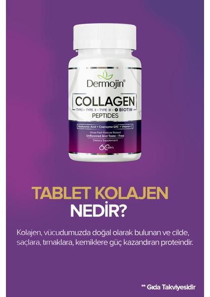 3 Kutu - Biotin, Coenzyme Q10, Hyaluronic Acid, C Vitaminiçeren %100 Saf Tablet Kolajen fiyatları