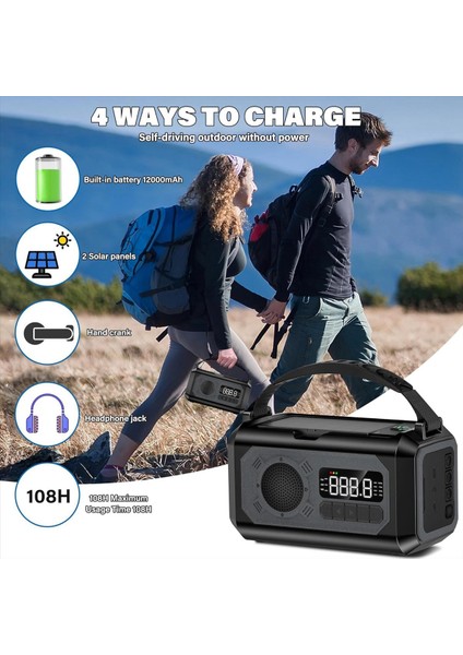 12000MAH Acil Durum Radyosu El Krank Radyo Güneş Radyosu Taşınabilir Am/fm/noaa Radyo ile El Feneri Okuma Lambası-A (Yurt Dışından) modelleri