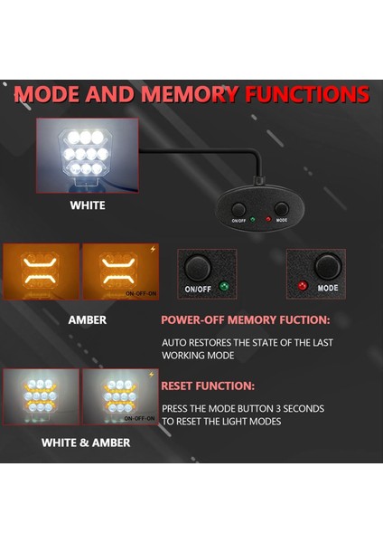 4 Inç Kare LED Iş Işığı Kablo Demeti Kiti Beyaz Kehribar Yoldan Yol Sürüş Işığı Kamyon Suv Atv Tekne Pikap (Yurt Dışından)