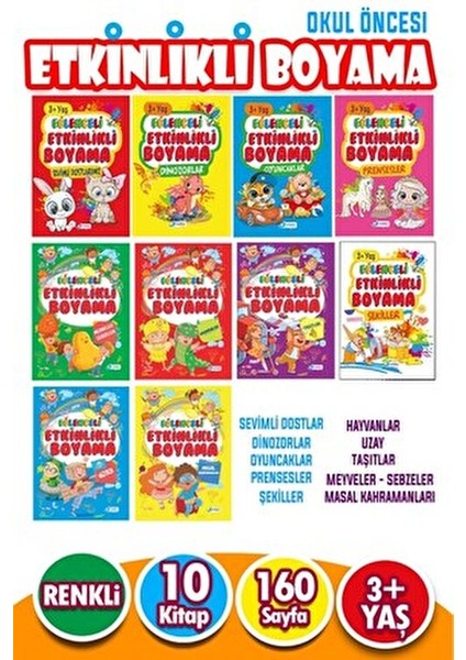 Eğlenceli Etkinlikli Eğitici Boyama Seti 10 Kitaplı 160 Sayfa Kollektif 3+ Yaş