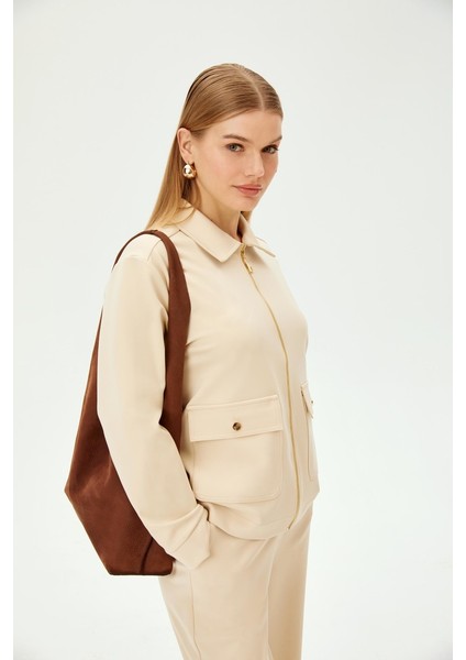 Fermuarlı Ekru Örme Sweatshirt