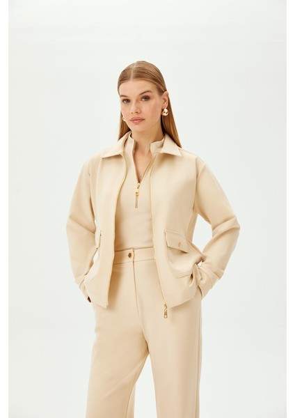 Fermuarlı Ekru Örme Sweatshirt fiyatları