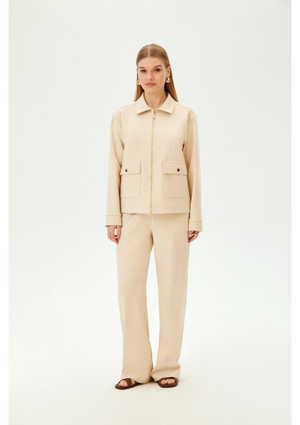 Fermuarlı Ekru Örme Sweatshirt