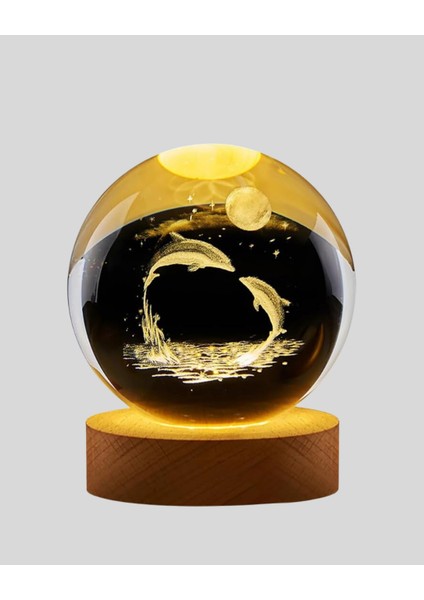 3D Yunus Desenli Kristal Küre Ahşap Tabanlı Işıklı Dekor Objesi fiyatları