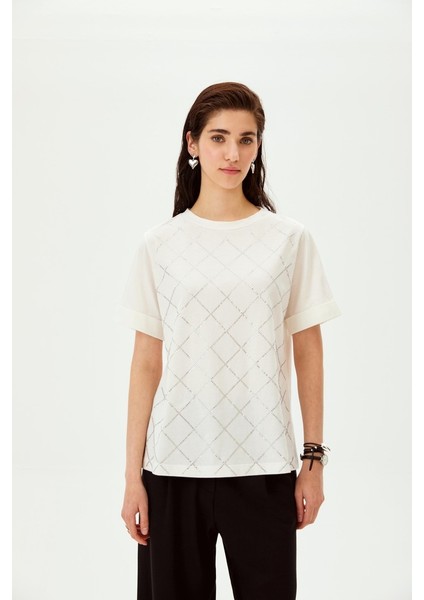 Taşlı Baklava Desenli Bisiklet Yaka Pamuklu Regular Örme Tişört