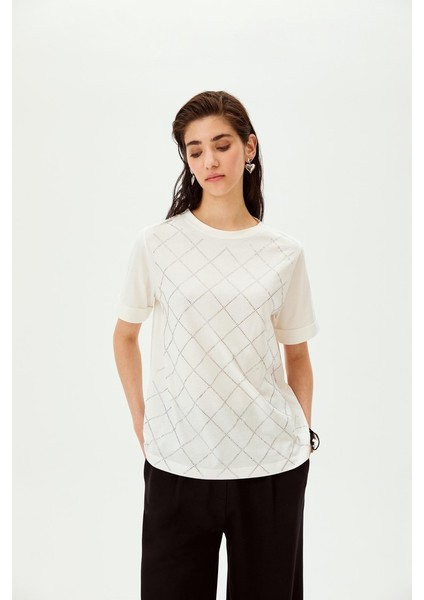 Taşlı Baklava Desenli Bisiklet Yaka Pamuklu Regular Örme Tişört modelleri