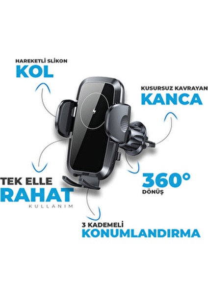 Kablosuz Şarjlı 15W Araç İçi Telefon Tutucu Yeni Nesil Kancalı Tasarım ile Güçlü Kavrama