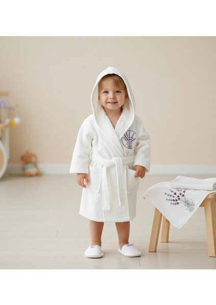 Lavanta Işlemeli Bebek Bornoz ve Kapüşonlu Banyo Havlusu 4'lü Takım