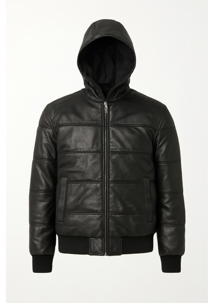 Erkek Siyah Gerçek Deri Kapüşonlu Mont – Bomber Model