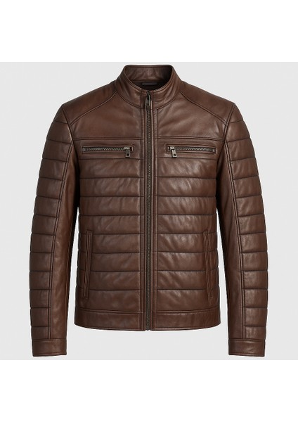 Erkek Gerçek Deri Çizgi Dikişli Mont – Kahverengi, Fermuarlı Şık Deri Ceket