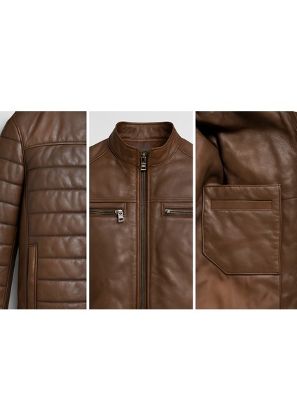 Erkek Gerçek Deri Çizgi Dikişli Mont – Kahverengi, Fermuarlı Şık Deri Ceket modelleri