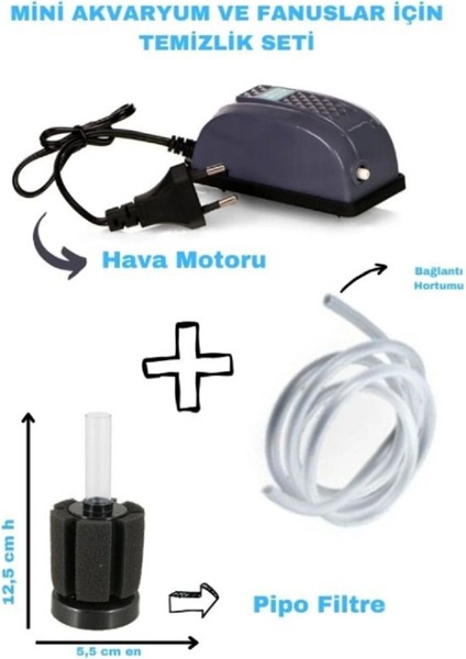 Mini Akvaryum ve Fanuslar Için Temizlik Seti ( Hava Motoru, Pipo Filtre, Hava Hortumu)