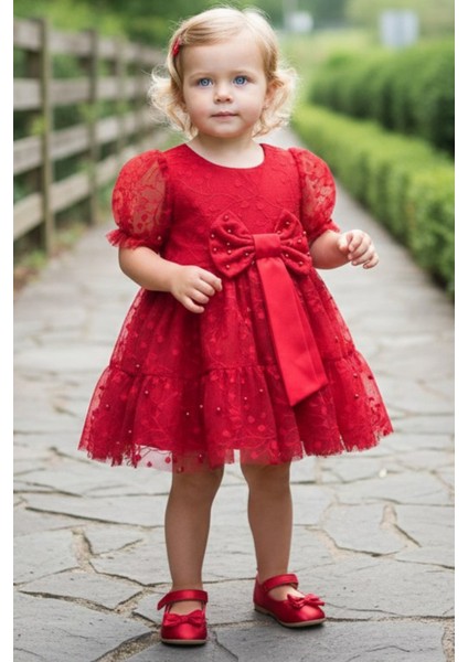 Kız Çocuk Incili Kırmızı Dantel Detay Elbise fiyatları