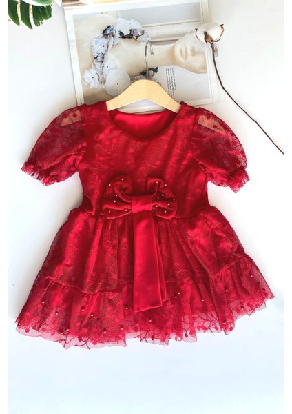 Kız Çocuk Incili Kırmızı Dantel Detay Elbise indirimleri