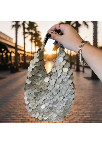 9686 El Yapımı Pullu Payetli Abiye El / Omuz Çantası - 27 x 20 cm modelleri