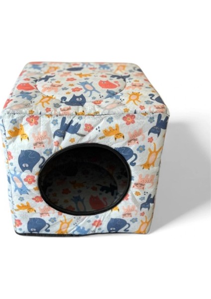 Üç Fonksiyonlu Kedi Yatağı - Desenli Beyaz