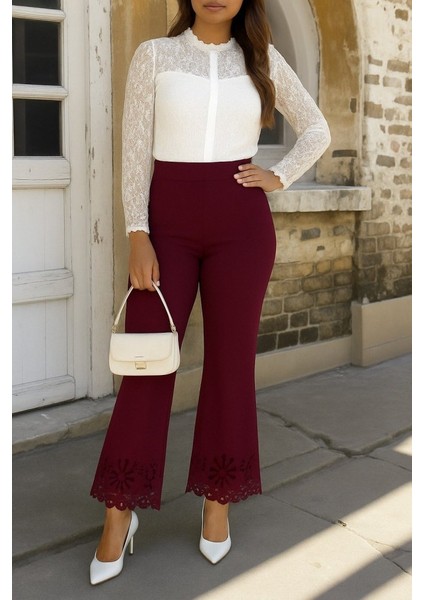 Kadın Yüksek Bel Paçaya Doğru Genişleyen Lazer Çiçek Kesim Detaylı Ithal Krep Pantolon