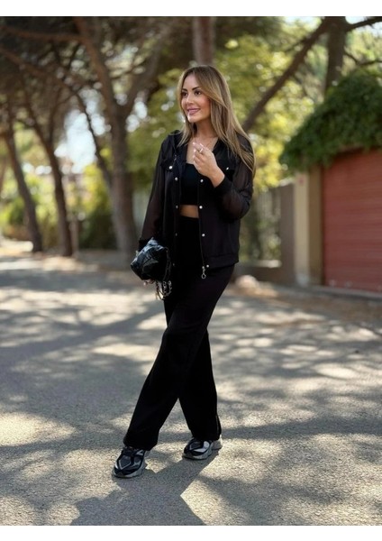 Kadın Uzun Kollu Tül Detaylı Önü Düğmeli Viskon Iki Iplik Ceket ve Pantolon Ikili Takım fiyatları