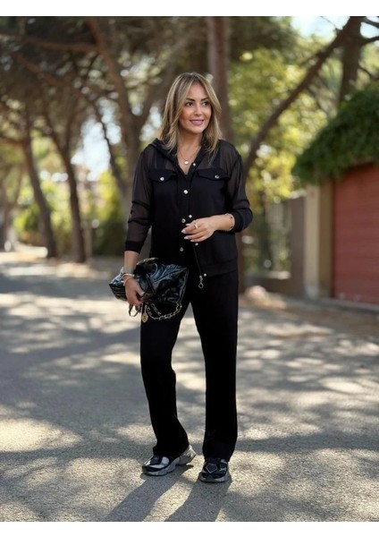 Kadın Uzun Kollu Tül Detaylı Önü Düğmeli Viskon Iki Iplik Ceket ve Pantolon Ikili Takım