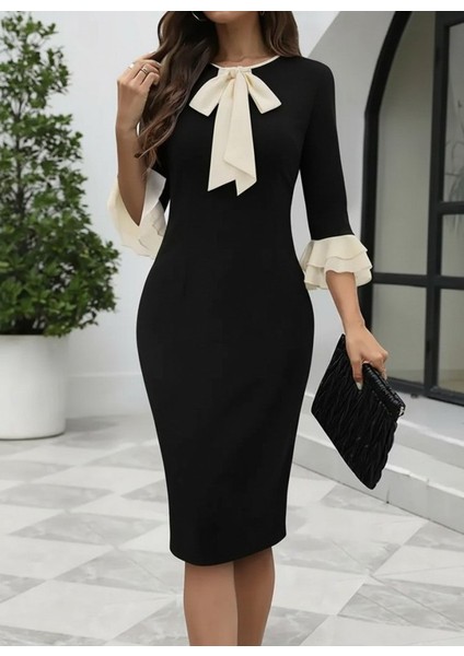 Kadın Truvakar Kollu Fiyonk Yakalı Midi Ithal Krep Elbise