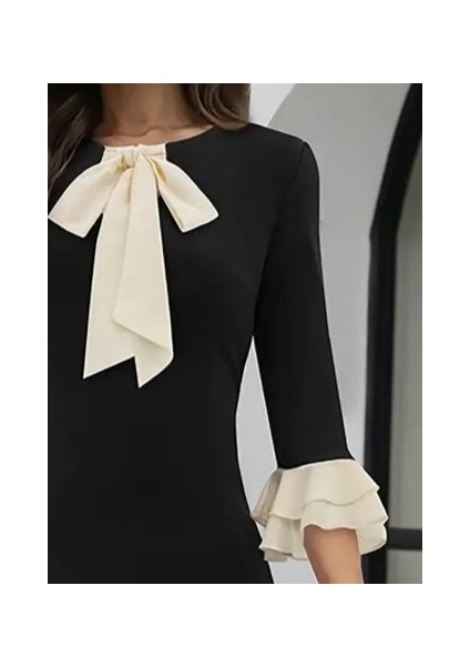 Kadın Truvakar Kollu Fiyonk Yakalı Midi Ithal Krep Elbise fiyatları